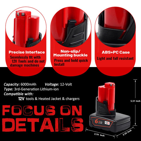 TenHutt Milwaukee M12 6.0Ah battery side view shows compact design