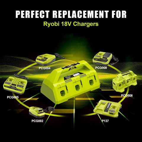 Six independent ports enable simultaneous charging of multiple Ryobi 18V batteries