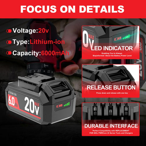 TenHutt upgraded 20V 6.0Ah battery BY519601 compatible with SKIL chargers.