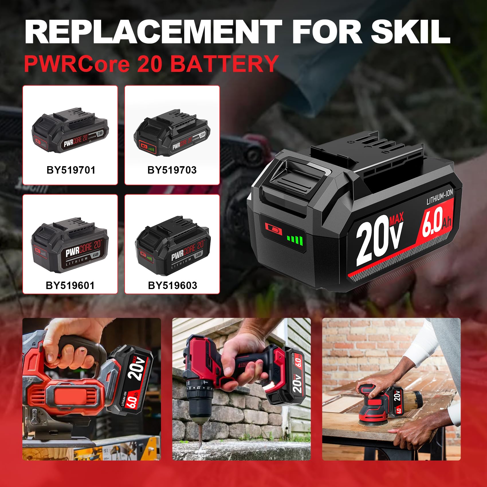 TenHutt upgraded 20V 6.0Ah battery BY519701 reliable power for cordless SKIL tools.