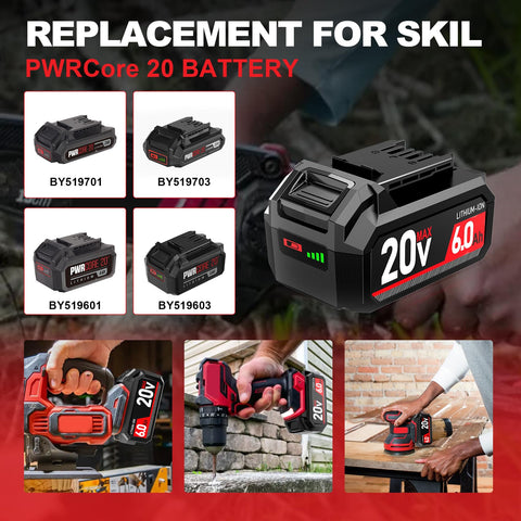 TenHutt upgraded 20V 6.0Ah battery BY519701 reliable power for cordless SKIL tools.
