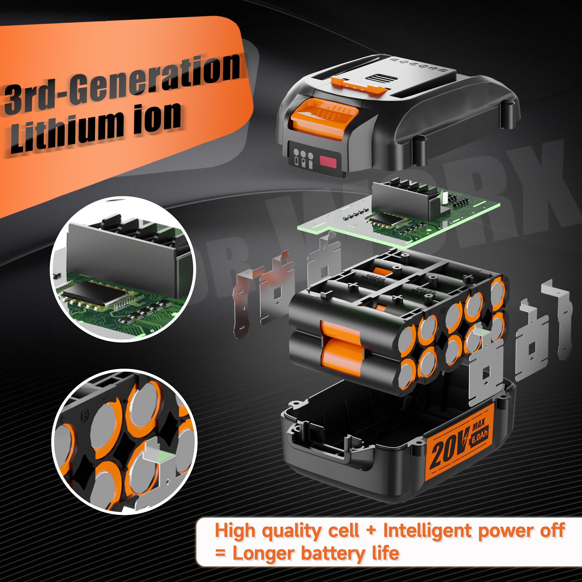 TenHutt Worx 20V Battery delivers 6000mAh high capacity.