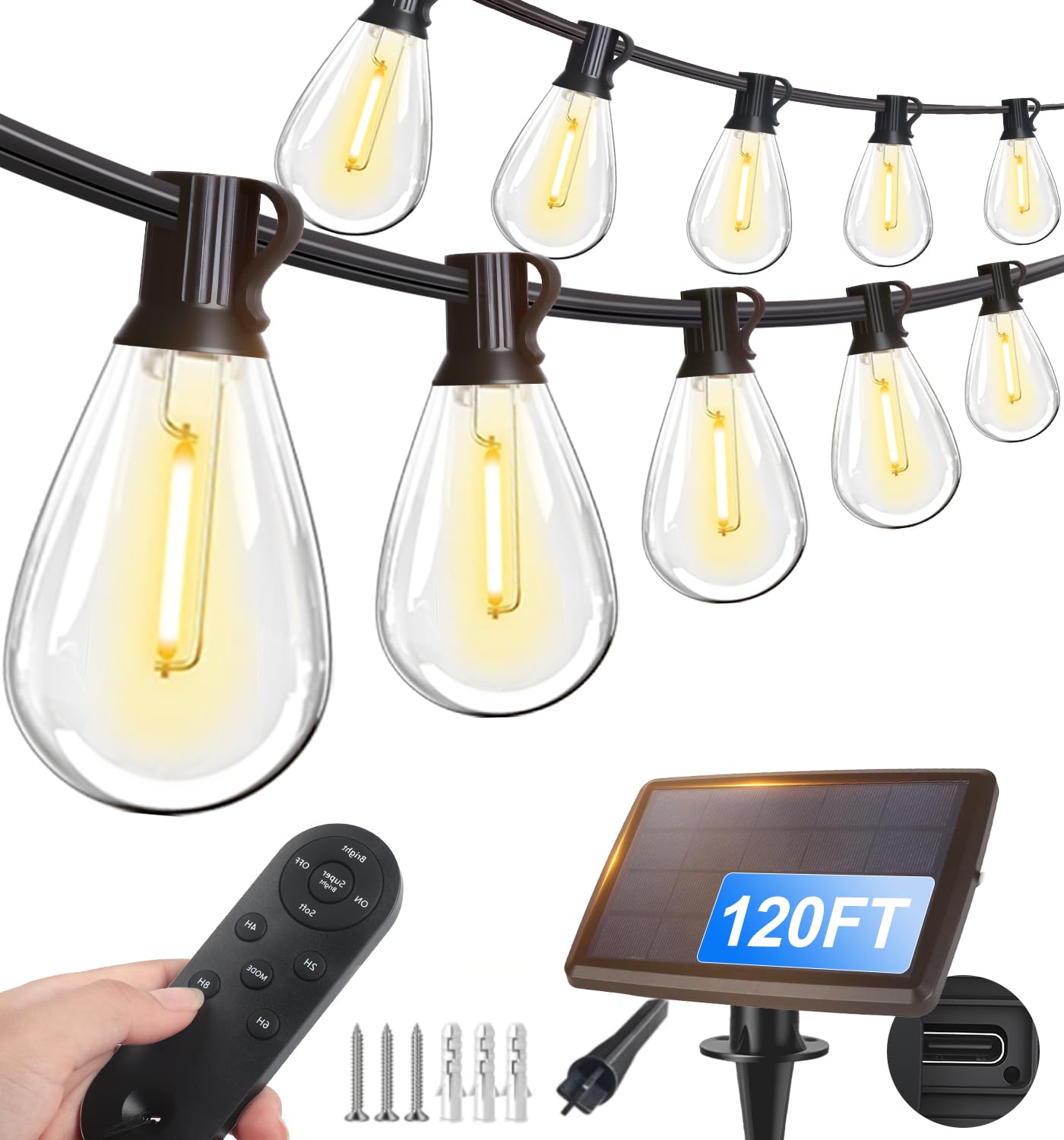 Tenmiro 120ft solar outdoor string lights with remote create warm patio ambiance.