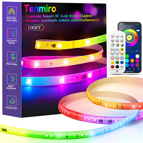 Tenmiro Upgraded Smart IC LED strip displays rainbow-like colors for vibrant room ambiance.