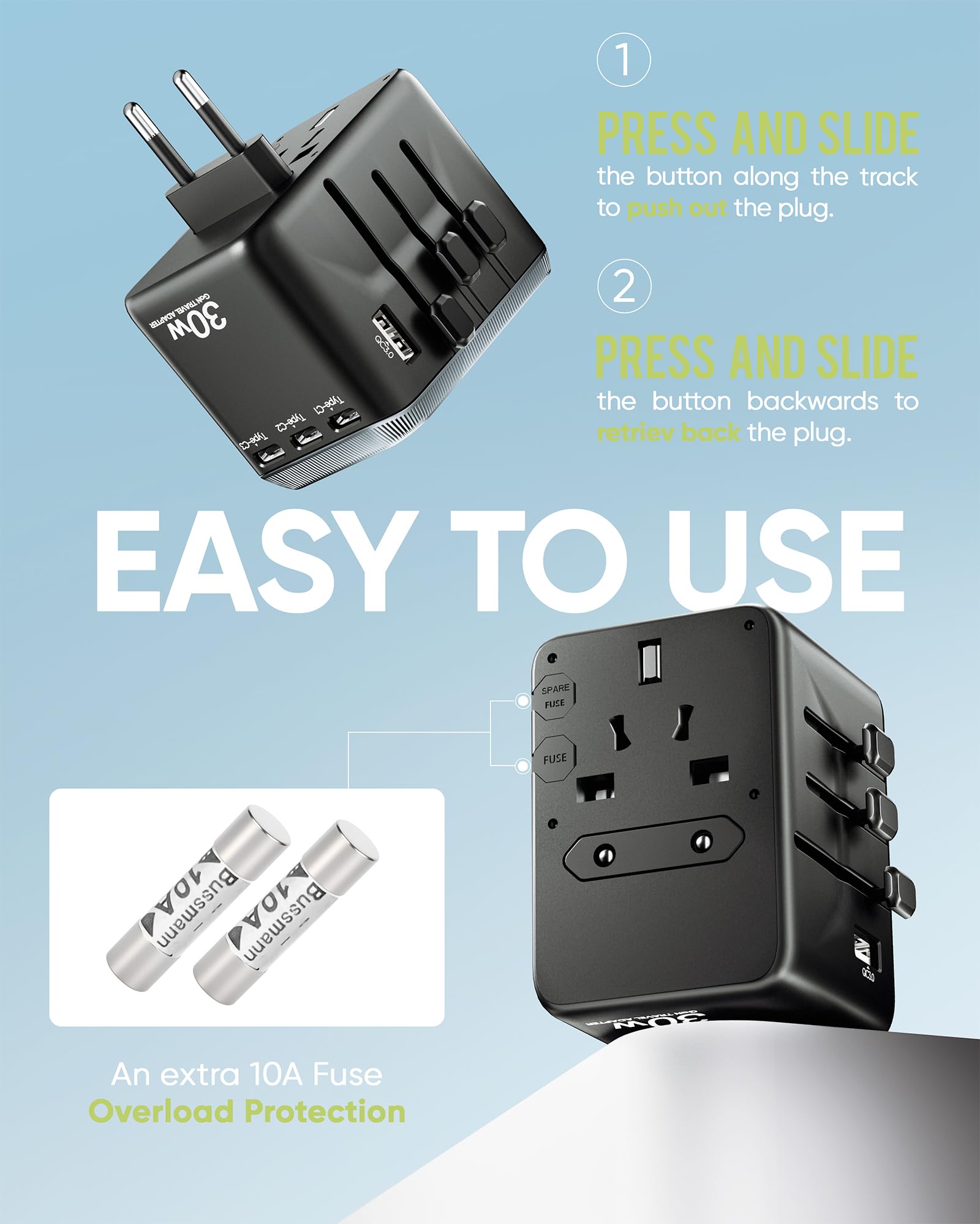 TenTrend compact travel adapter resting on luggage for convenient charging