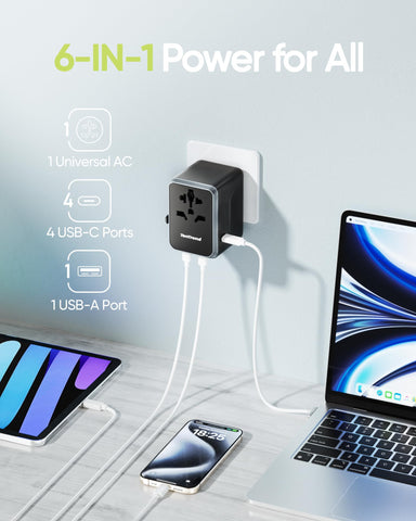 TenTrend universal travel adapter with USB-C ports enabling multiple devices