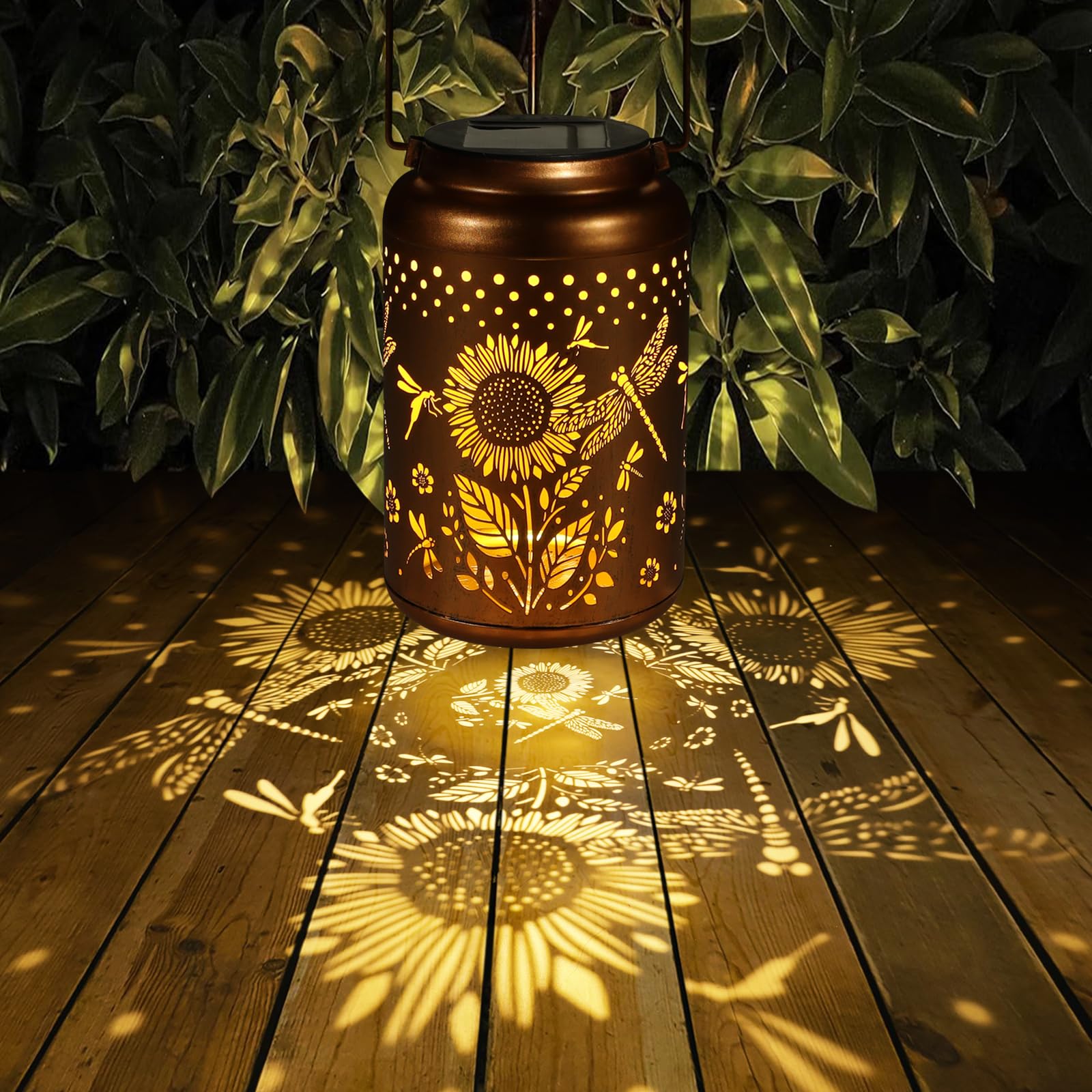 Dragonfly and sunflower inspired accents brighten porches with warm, inviting light.
