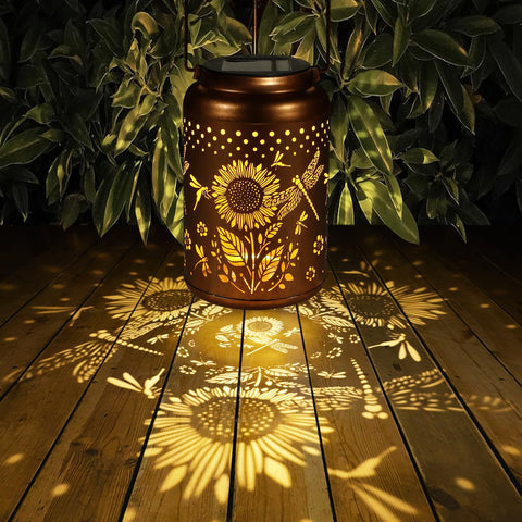 Dragonfly and sunflower inspired accents brighten porches with warm, inviting light.