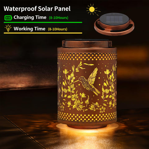 Tepaken hanging solar lantern provides warm LED glow for patios and decks.