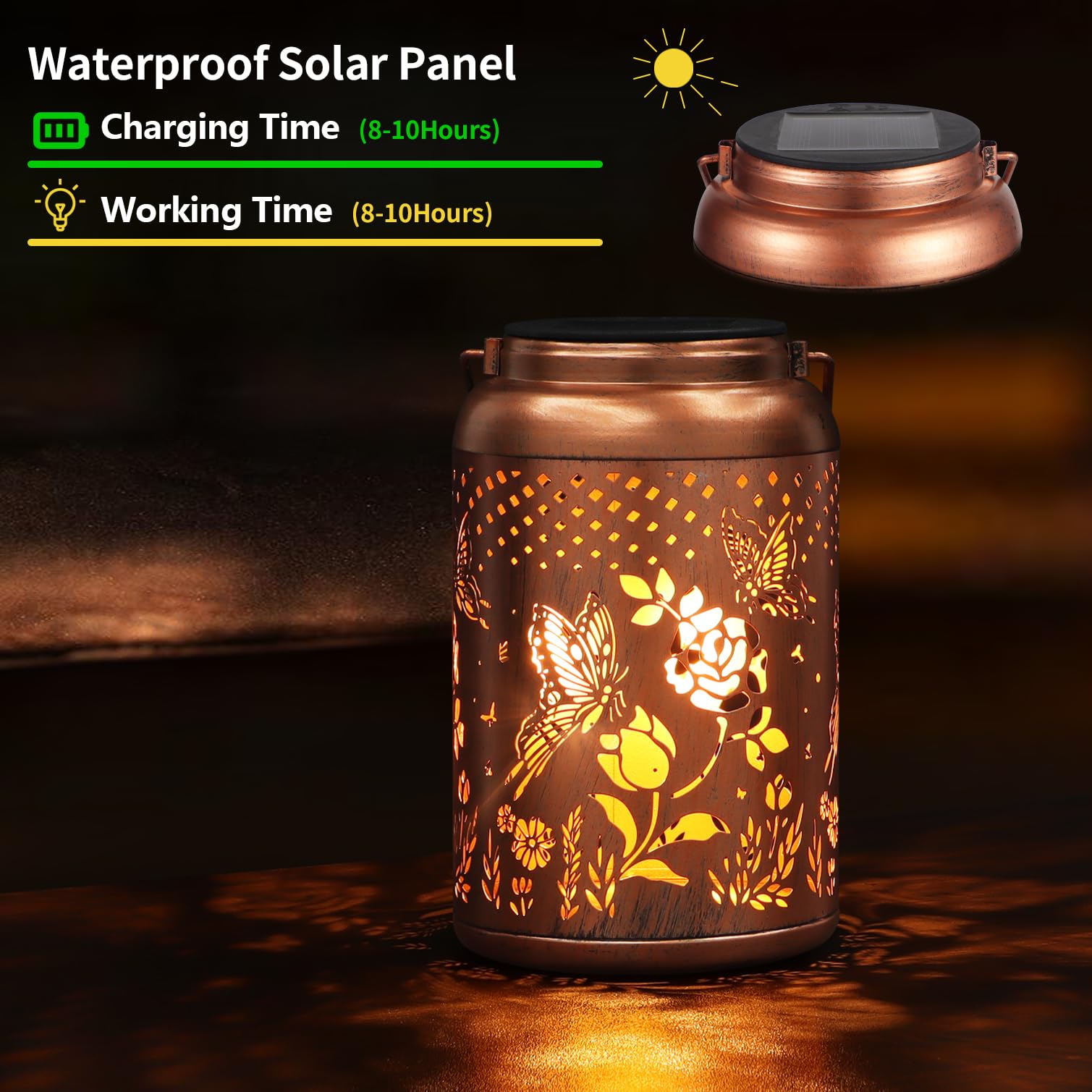 Tepaken Rose Butterfly lantern on table creates cozy garden lighting.