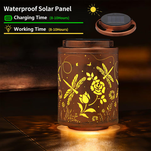 Tepaken solar garden lantern with butterfly motif brightens a porch or pathway.