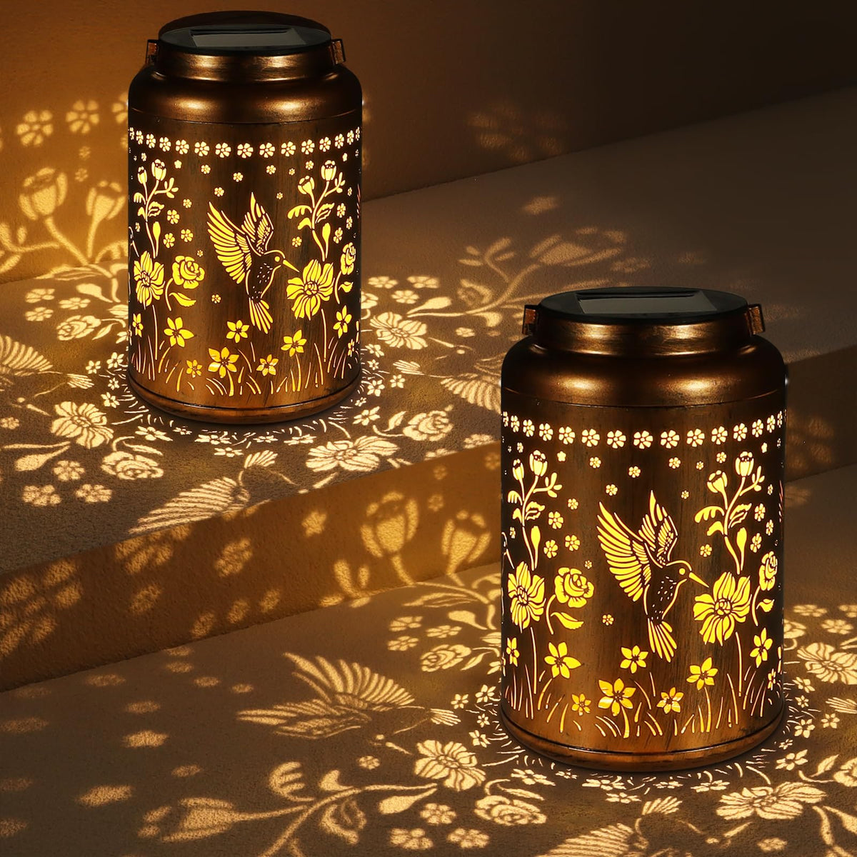 Tepaken solar lantern hummingbird design provides warm outdoor glow ideal for gardens