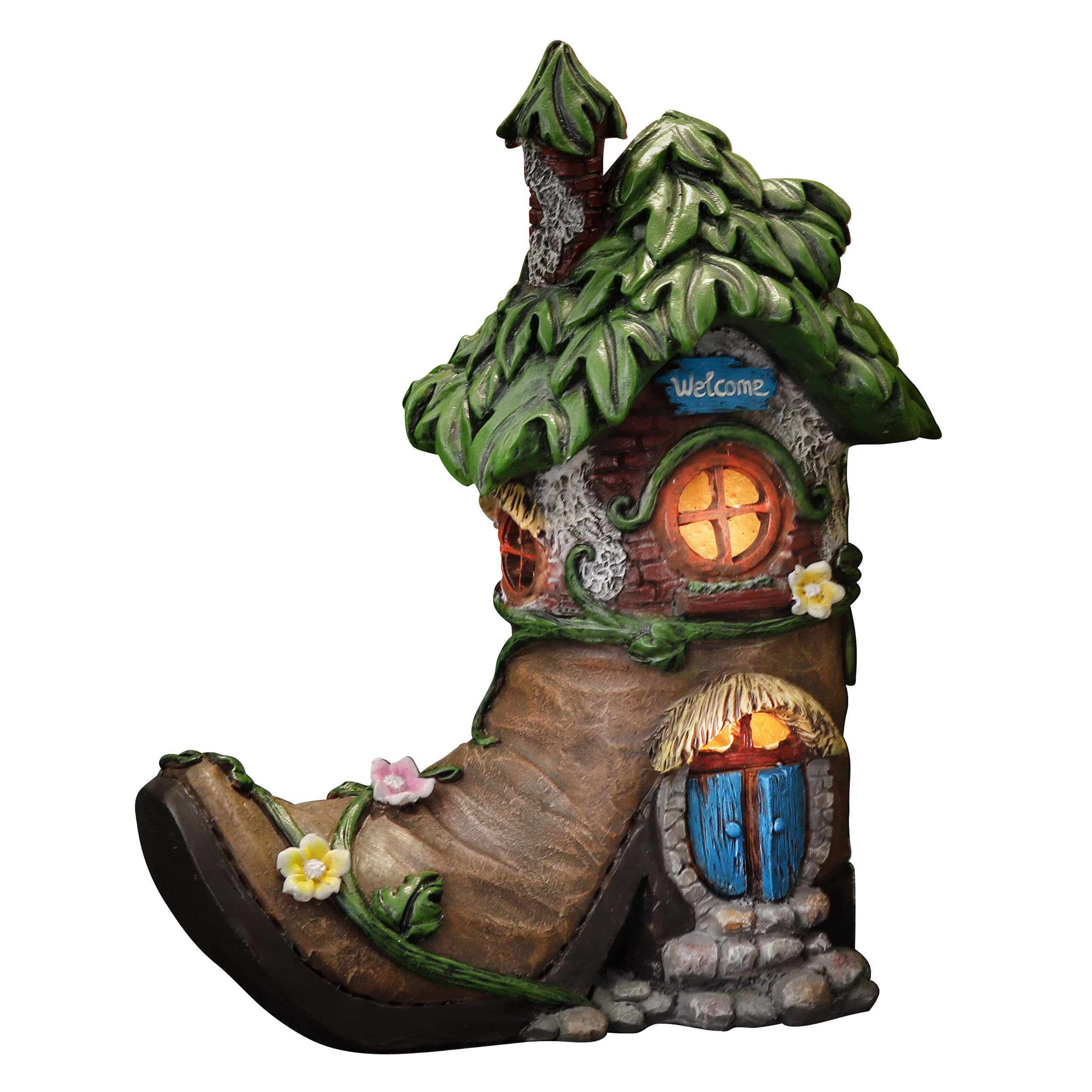Teresa's Collections boot fairy house garden statue with solar glow at night.