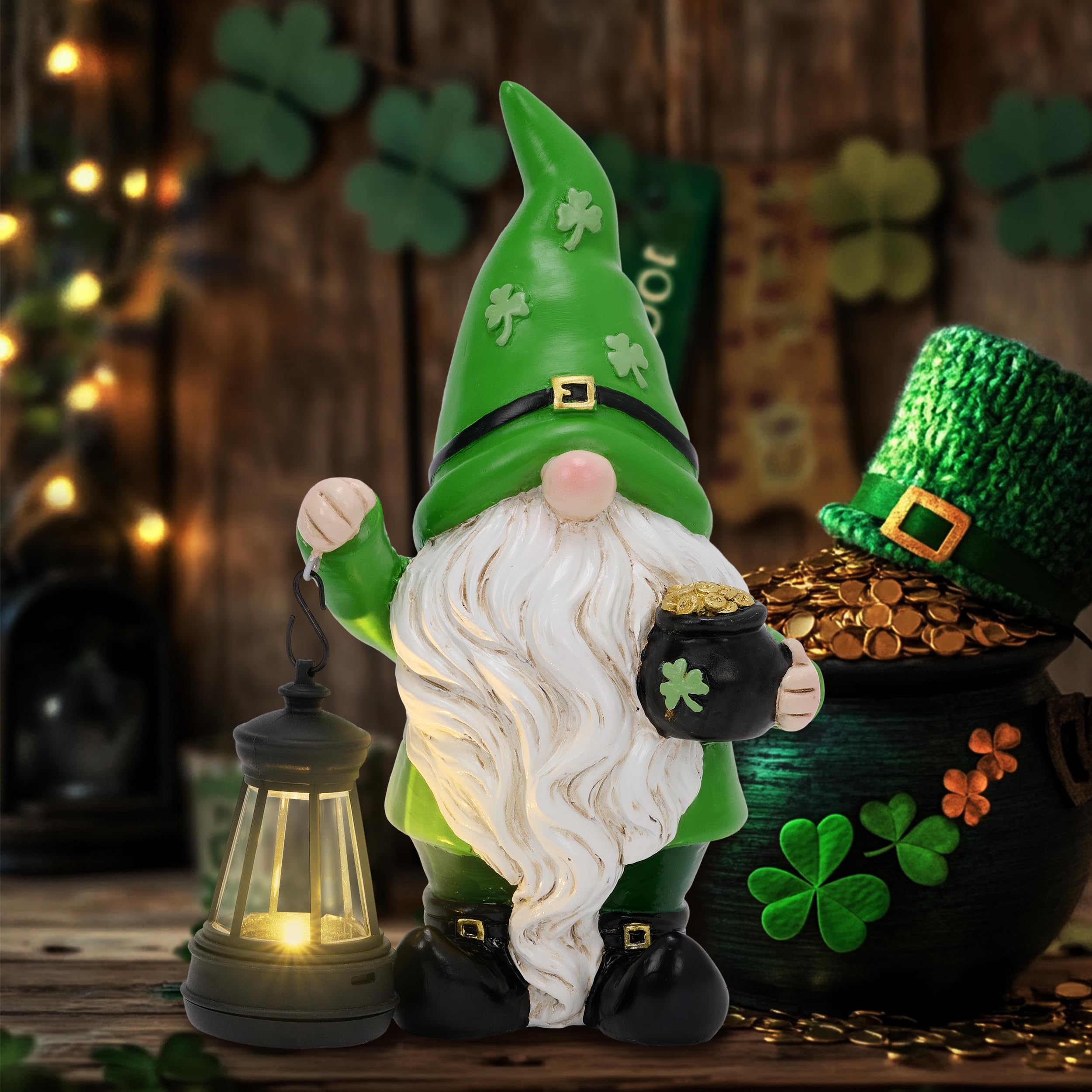 Outdoor-friendly Leprechaun lantern creates a focal point in gardens.