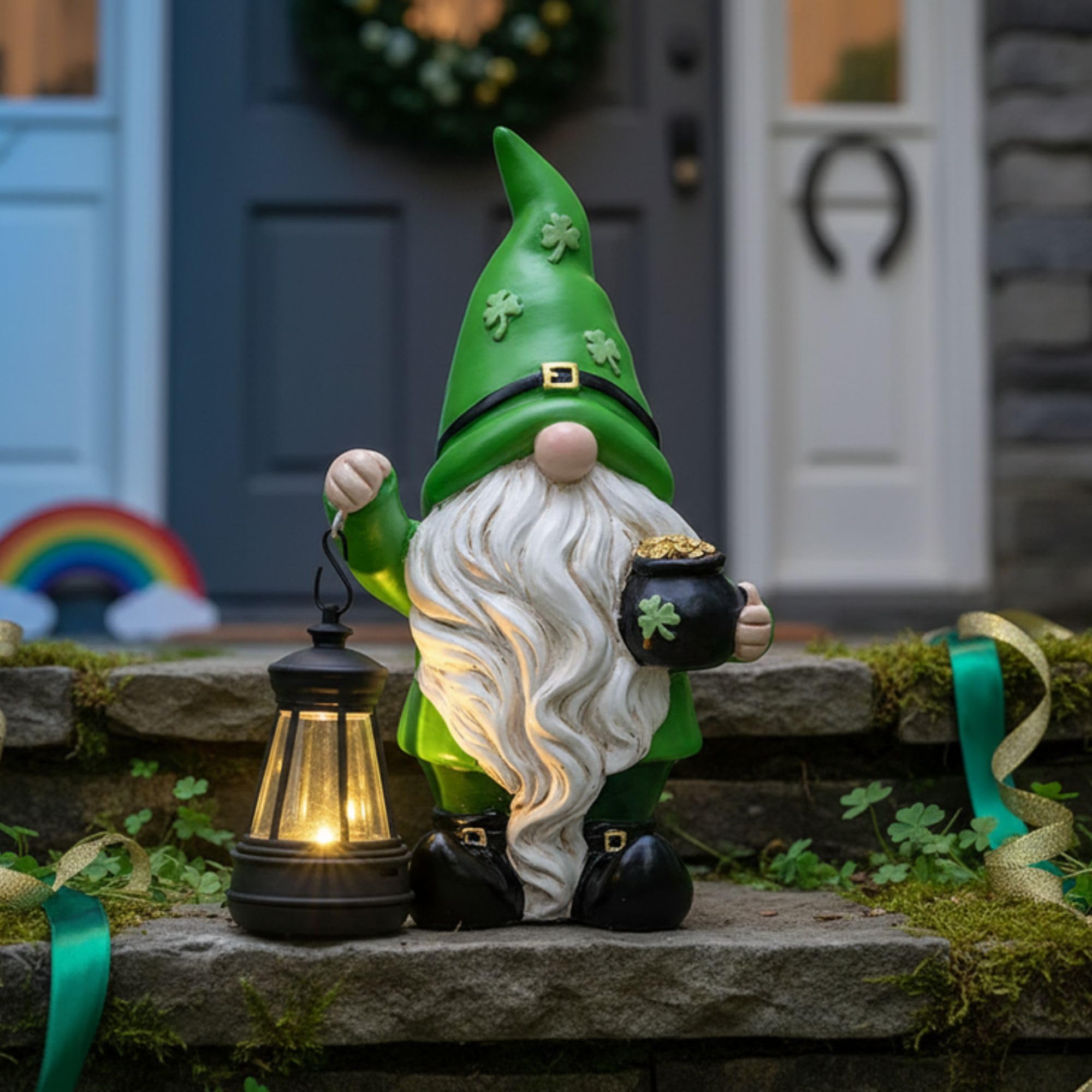 Weather-resistant resin gnome suitable for patios, gardens, and indoor entries.