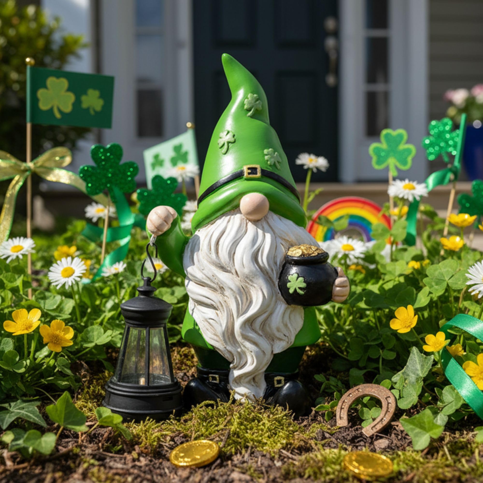 Shamrock Leprechaun outdoor figurine adds Irish charm to your yard.
