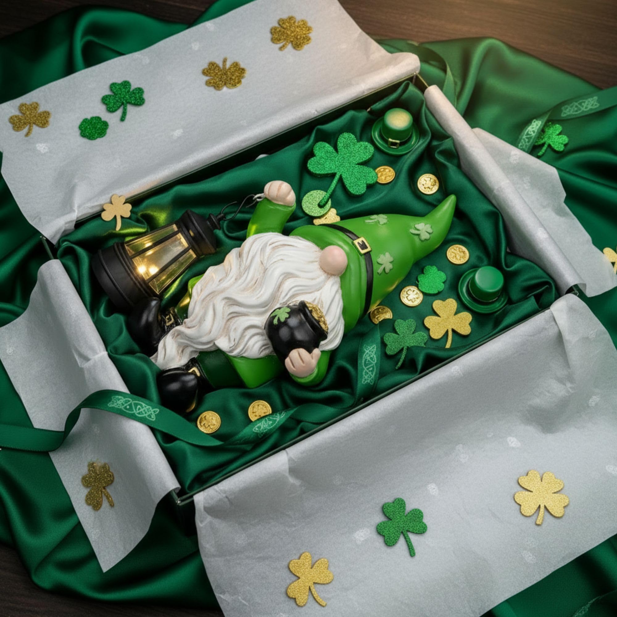 St Patrick's Day gnome lantern for porch evenings with a gentle glow.