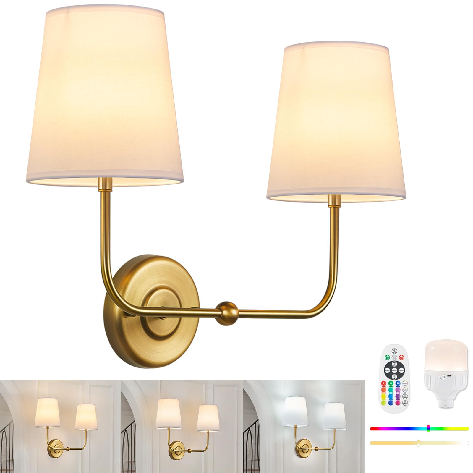 TERLEENART battery-operated double wall sconce with two fabric shades for versatile lighting.