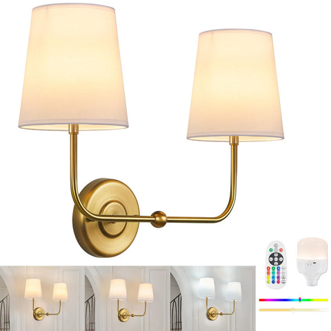 TERLEENART battery-operated double wall sconce with two fabric shades for versatile lighting.
