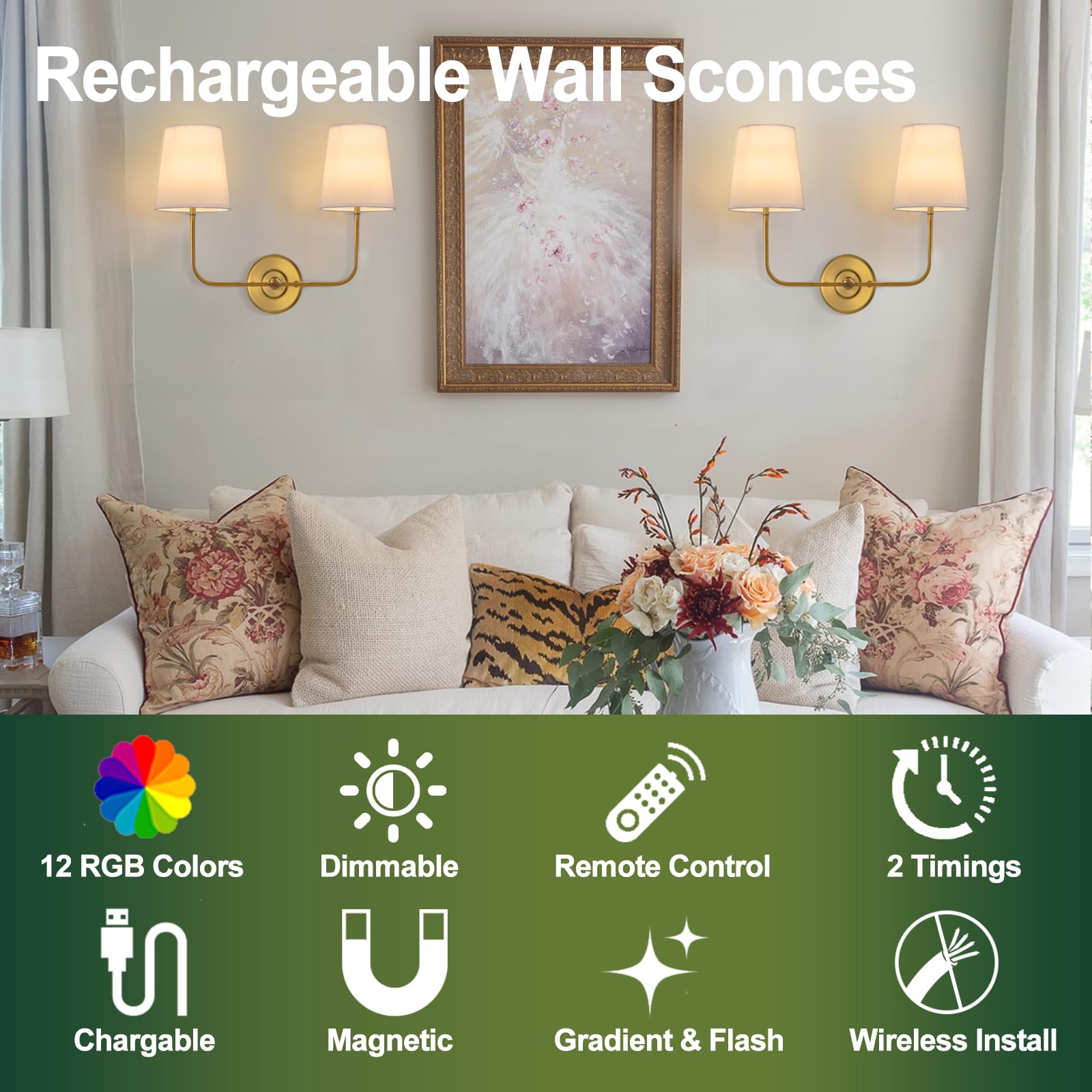 TERLEENART remote-controlled wall sconce with easy color and brightness adjustments.
