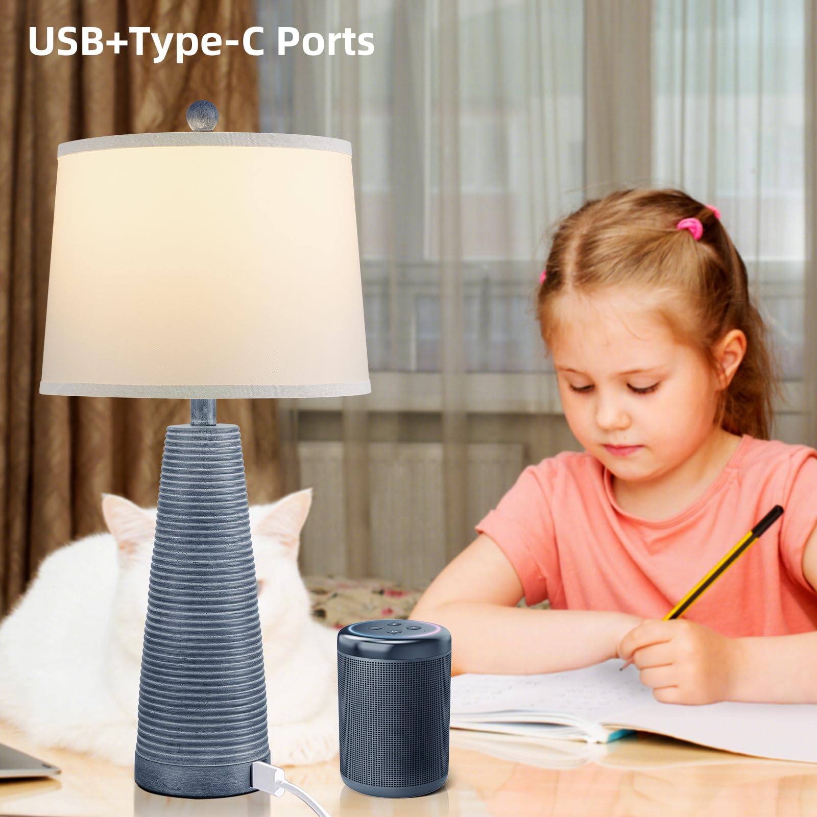 Terpsichore Nightstand Lamp featuring white linen shade for soft illumination