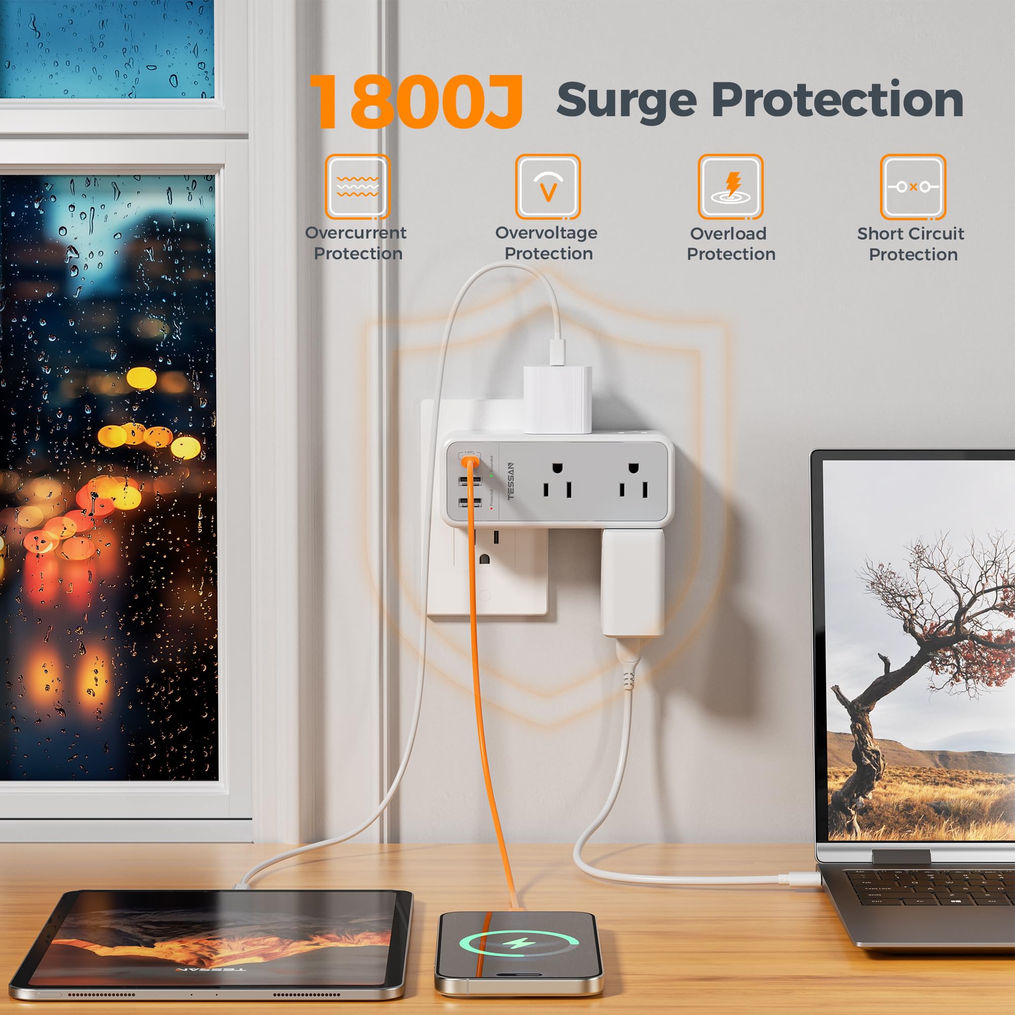 TESSAN 1800J surge protector safeguards electronics during power fluctuations.