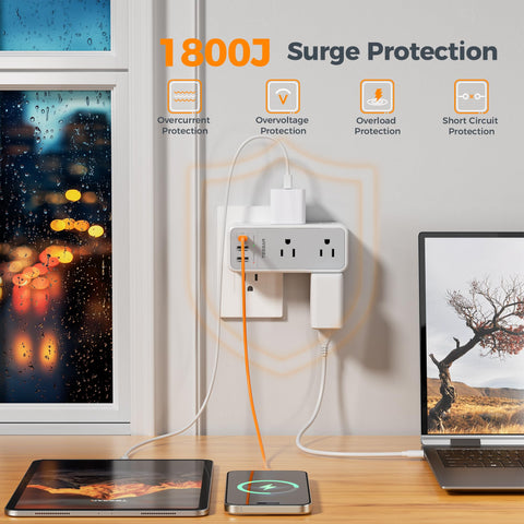 TESSAN 1800J surge protector safeguards electronics during power fluctuations.
