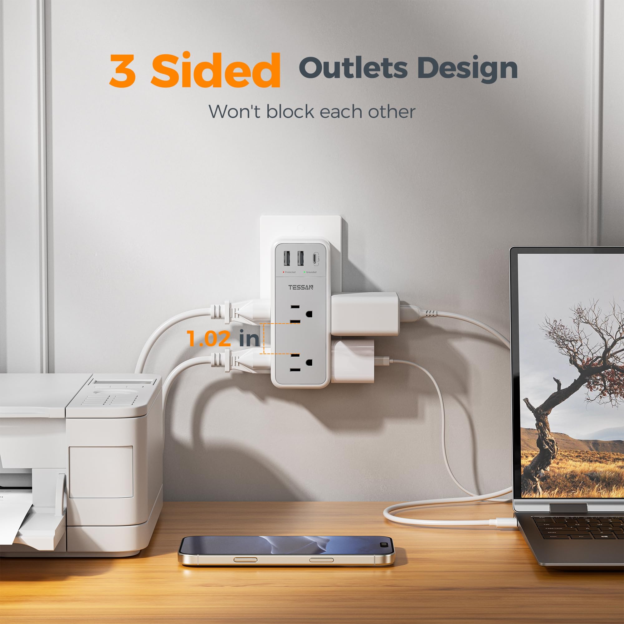 TESSAN 1875W max supports high-wattage devices while minimizing outlet crowding.