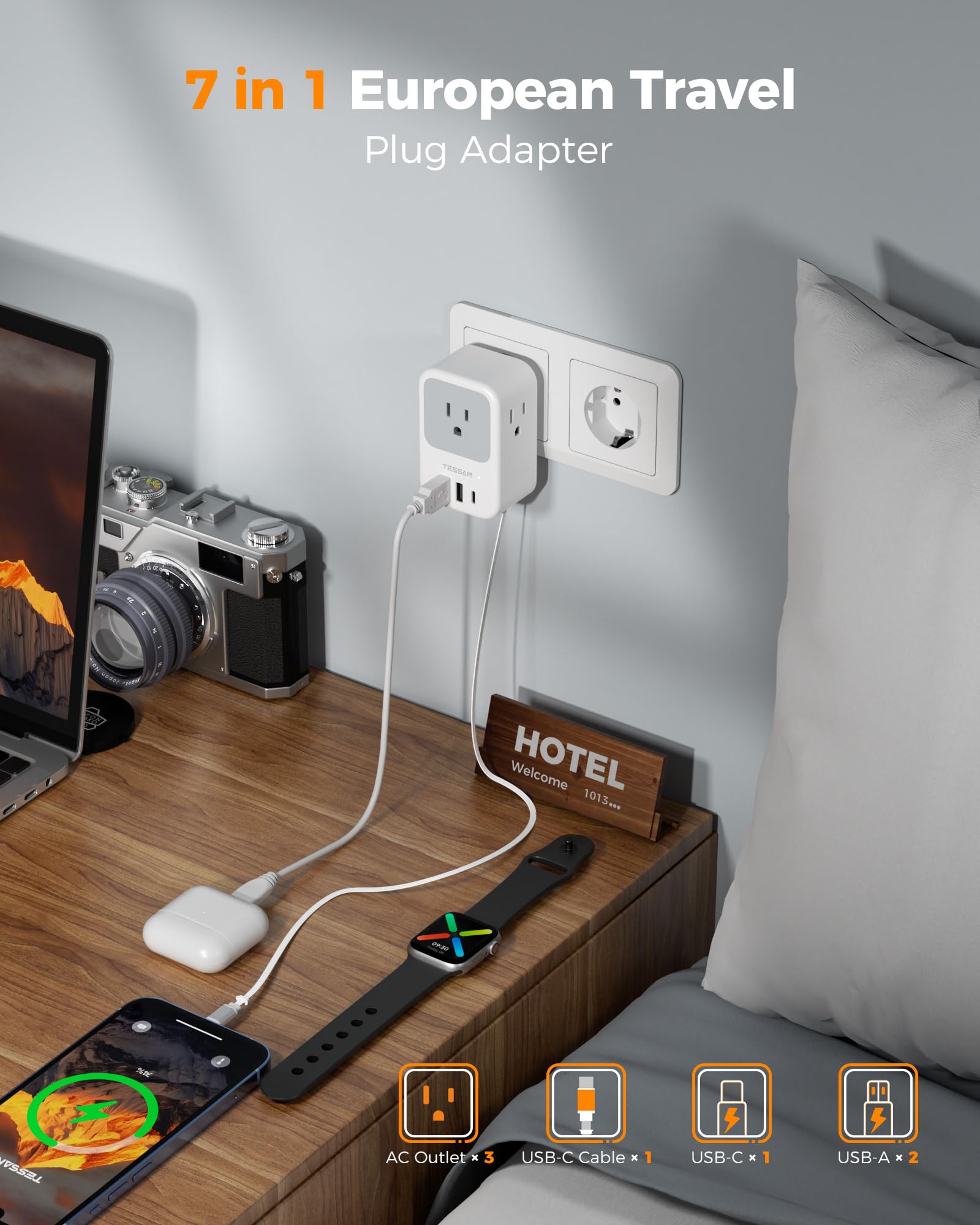 TESSAN compact travel adapter showing 3 AC outlets and 4 USB ports for Europe
