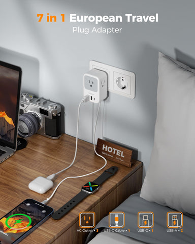 TESSAN compact travel adapter showing 3 AC outlets and 4 USB ports for Europe