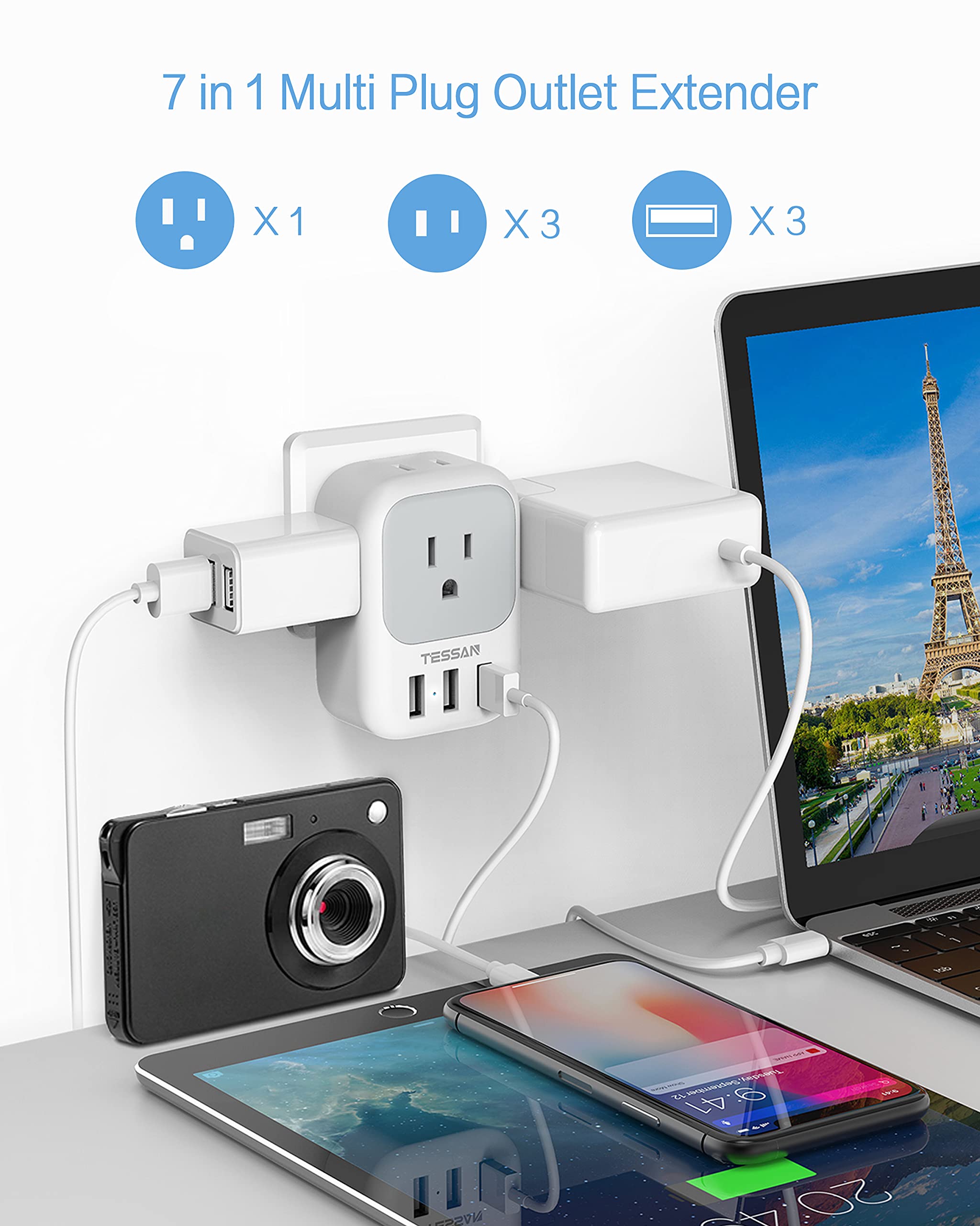 TESSAN 3 USB ports charging hub powers phones and tablets quickly.