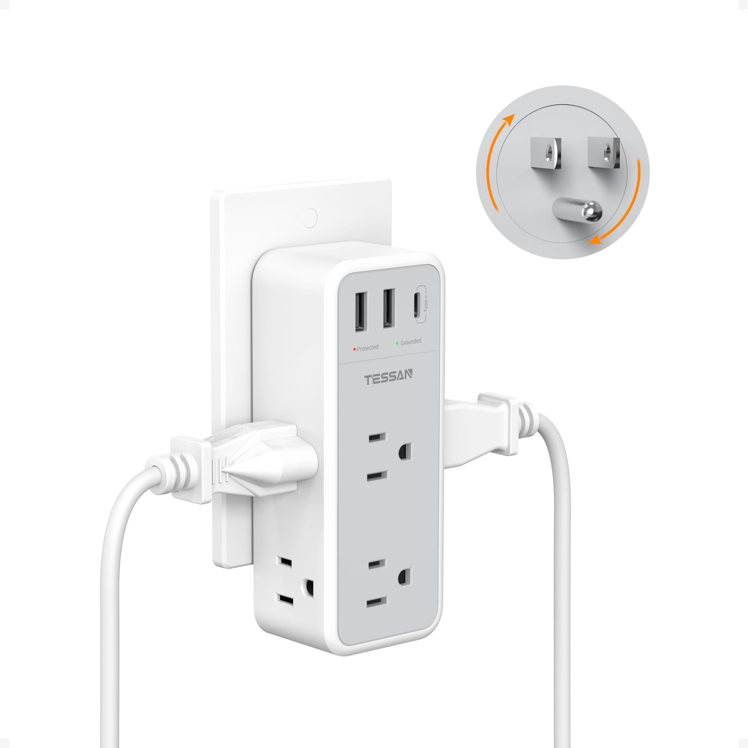 TESSAN 360 rotating plug shown for flexible placement in a home office.