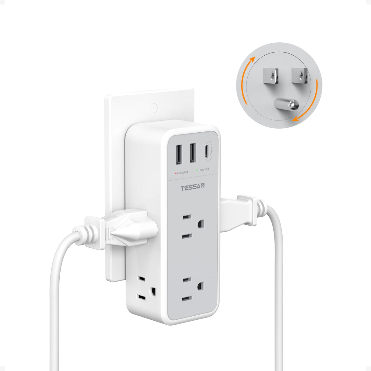 TESSAN 360 rotating plug shown for flexible placement in a home office.