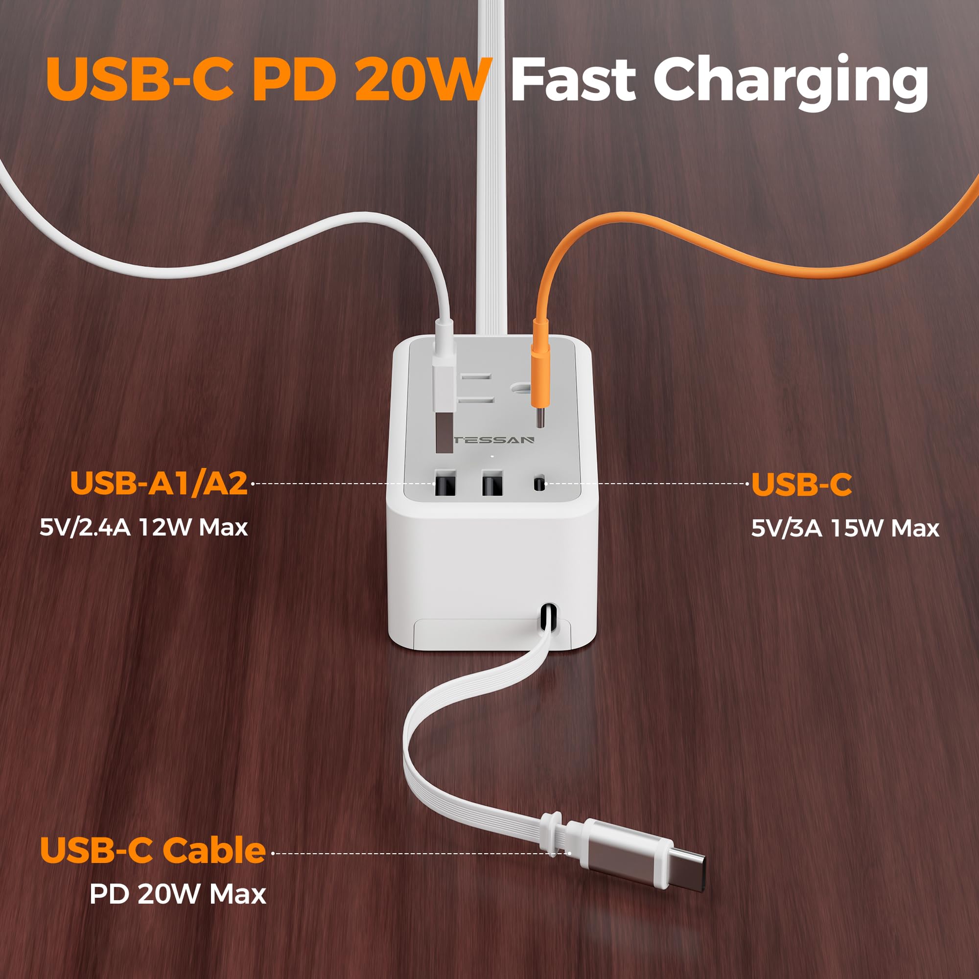 TESSAN 5 ft ultra-thin extension cord fits behind furniture