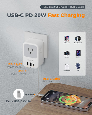 TESSAN 7-in-1 travel adapter powering phones, tablets and cameras in Europe