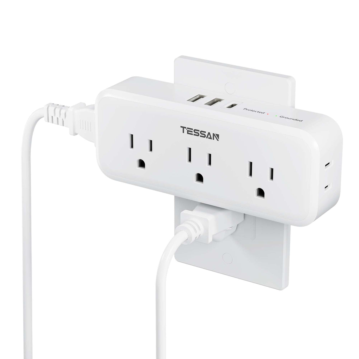 TESSAN 8-in-1 outlet extender front view with 5 outlets and 3 USB ports
