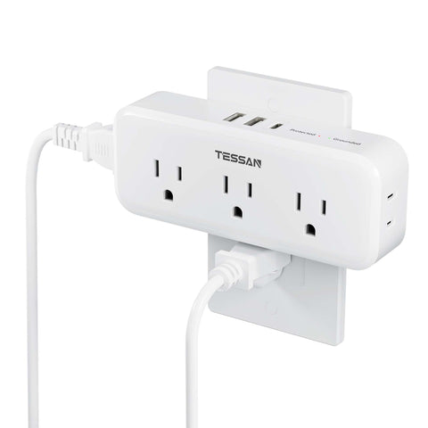 TESSAN 8-in-1 outlet extender front view with 5 outlets and 3 USB ports