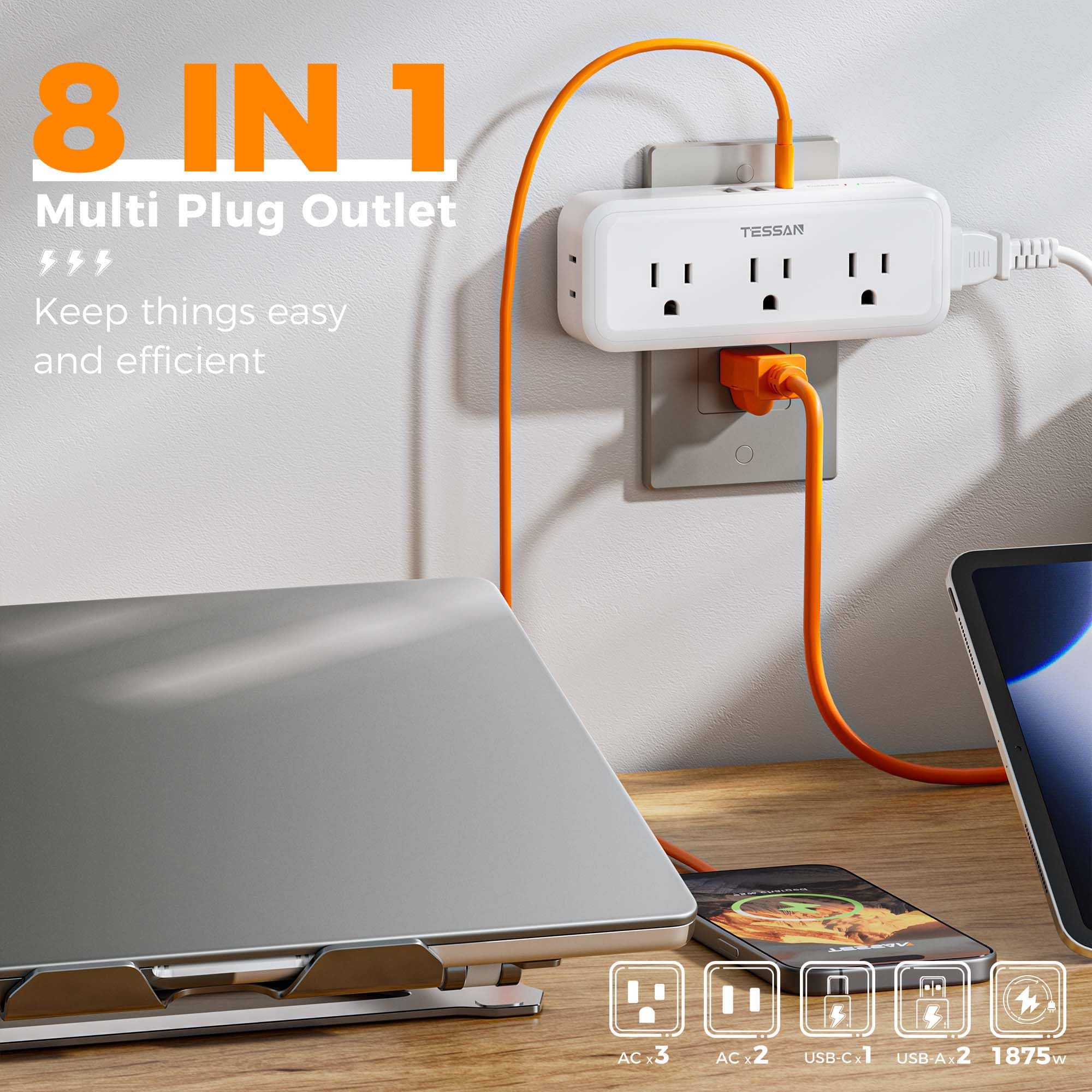 TESSAN 8-in-1 outlet extender top USB ports for easy charging