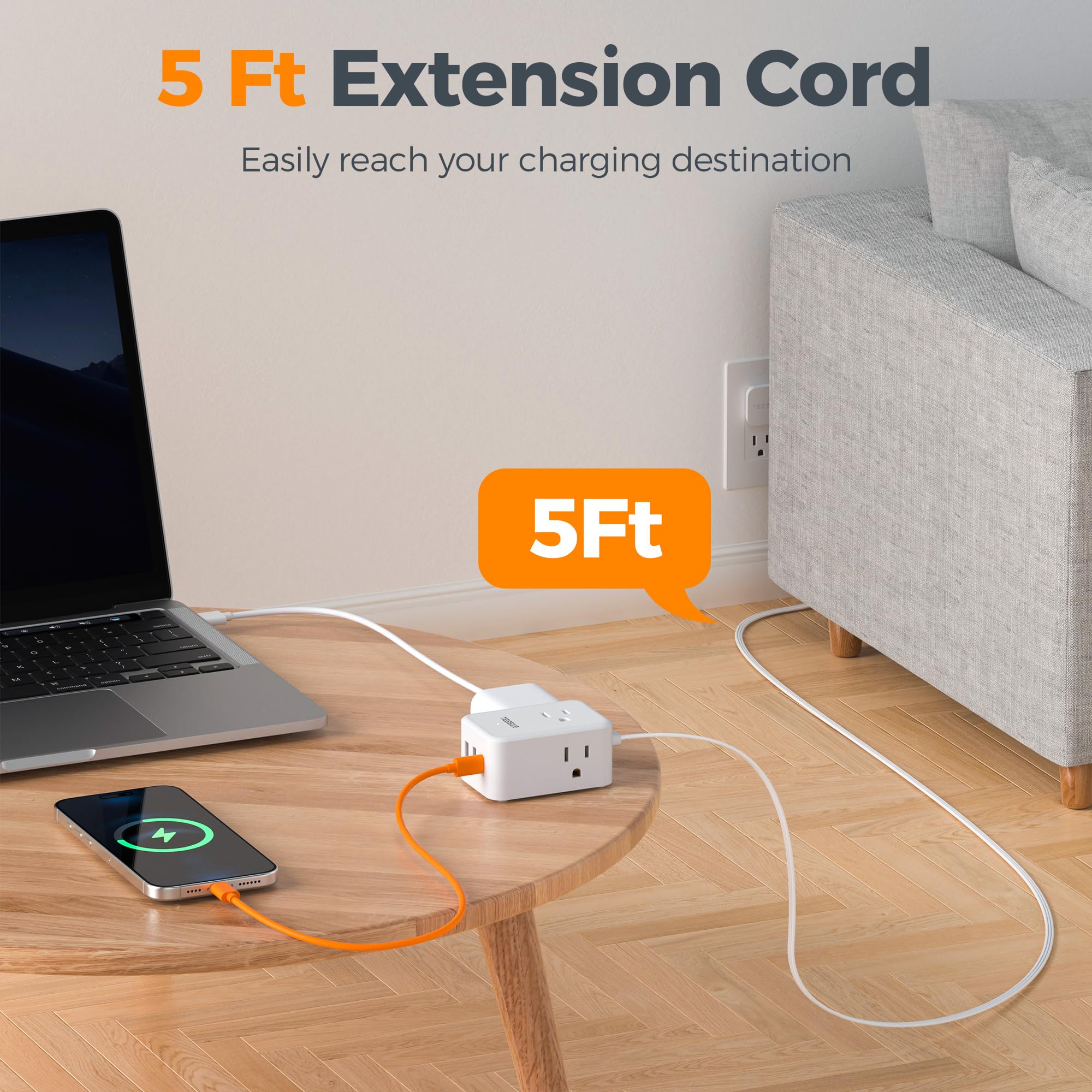 TESSAN 5 ft flat extension cord keeps desk cables neat and organized