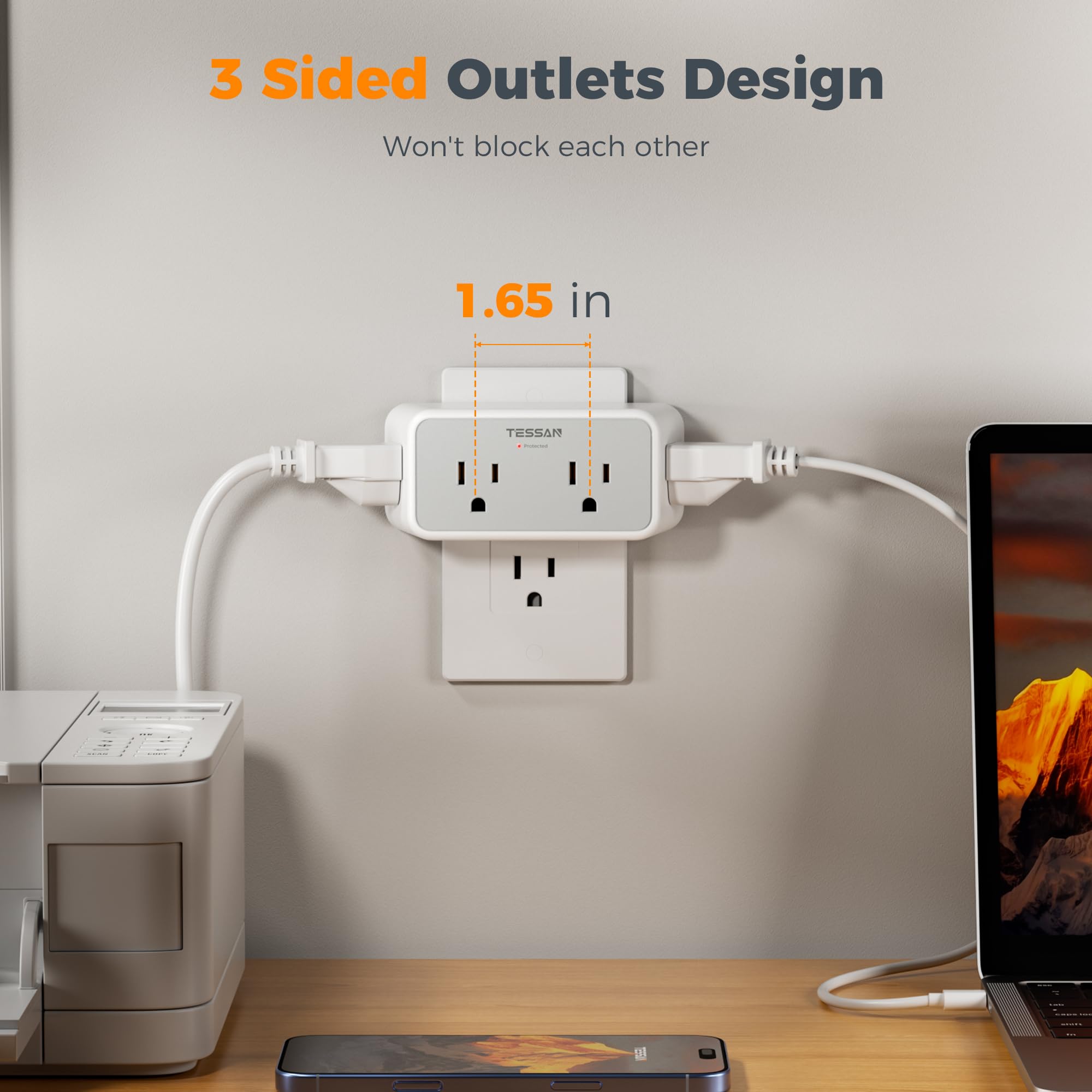TESSAN compact outlet extender on desk saves space in busy rooms