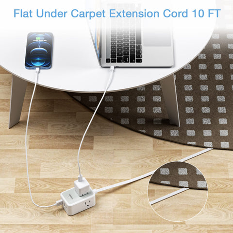 TESSAN compact power strip with 3 outlets, 2 USB-A, 1 USB-C for desktop charging.