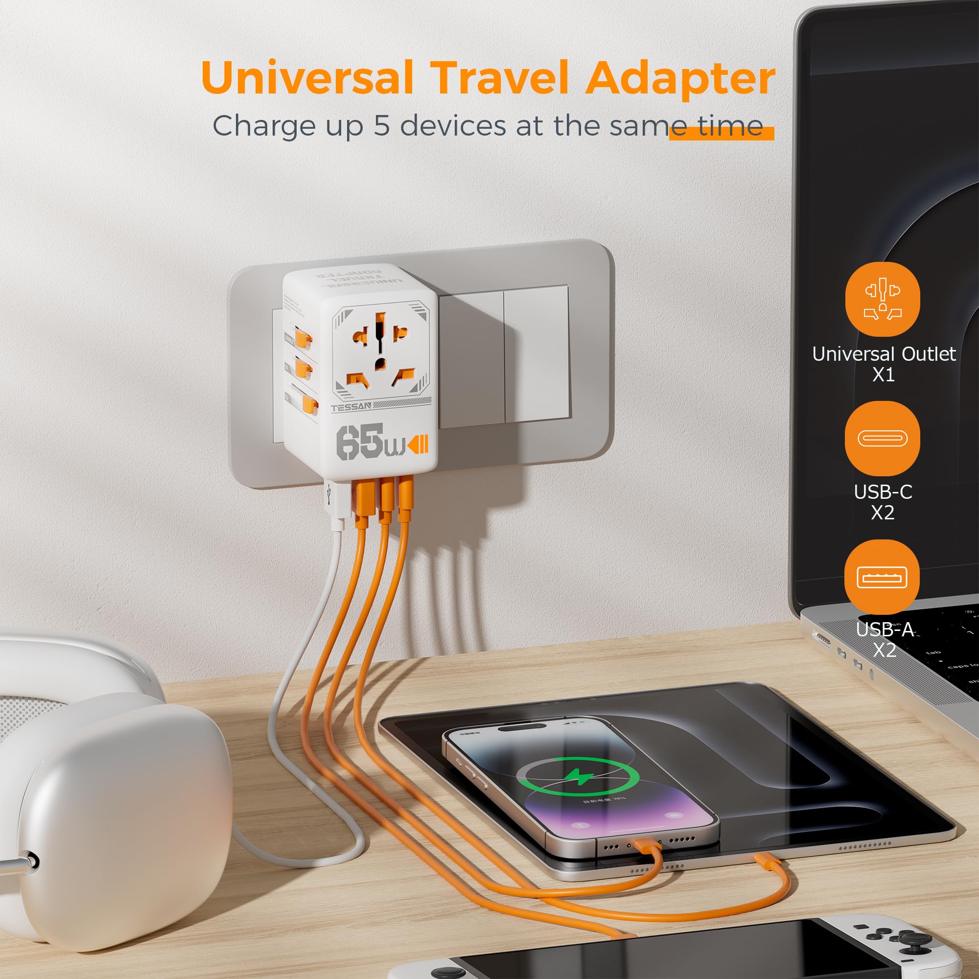 TESSAN compact travel adapter fits in pocket for easy packing