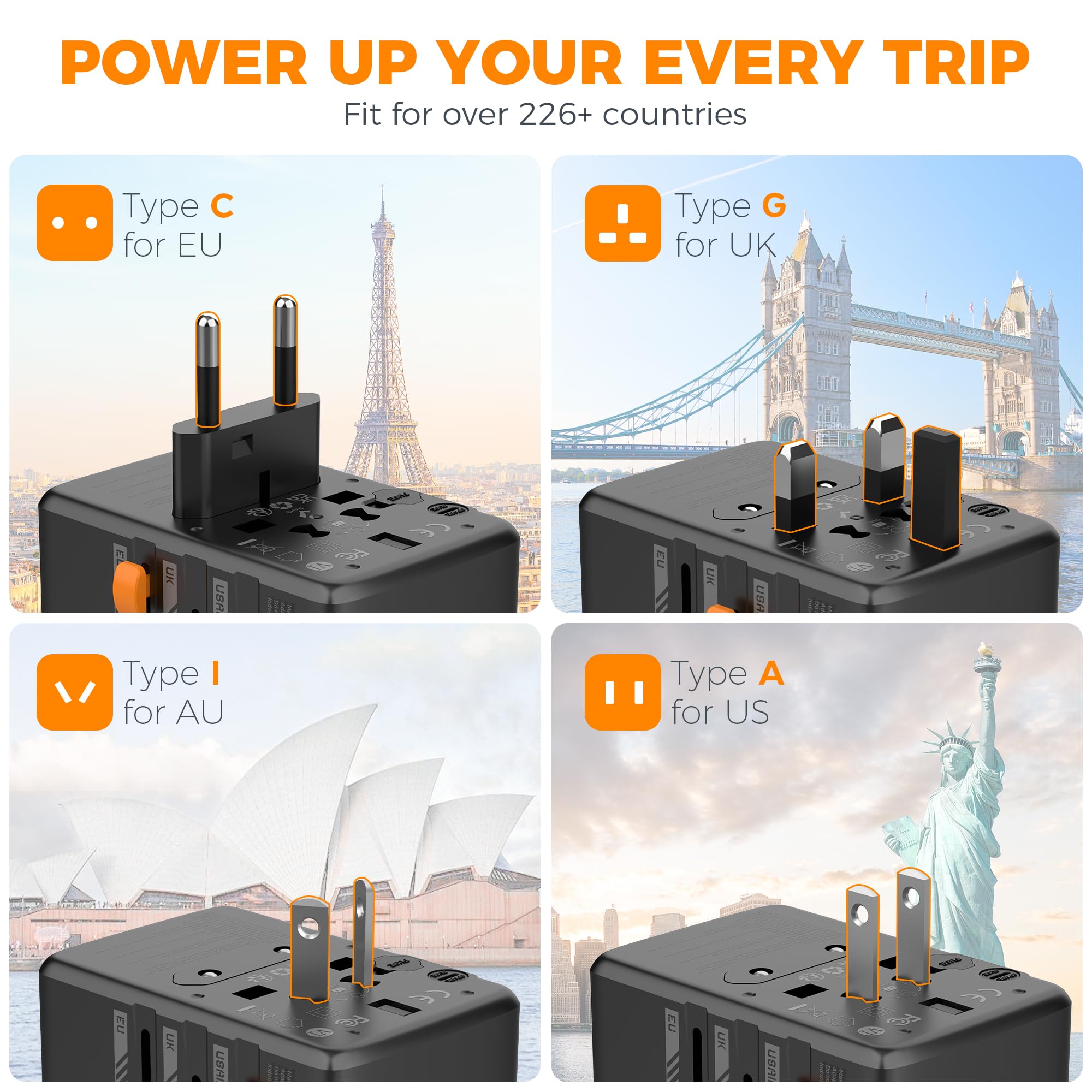 TESSAN compact travel adapter in pocket-size form for easy carry.