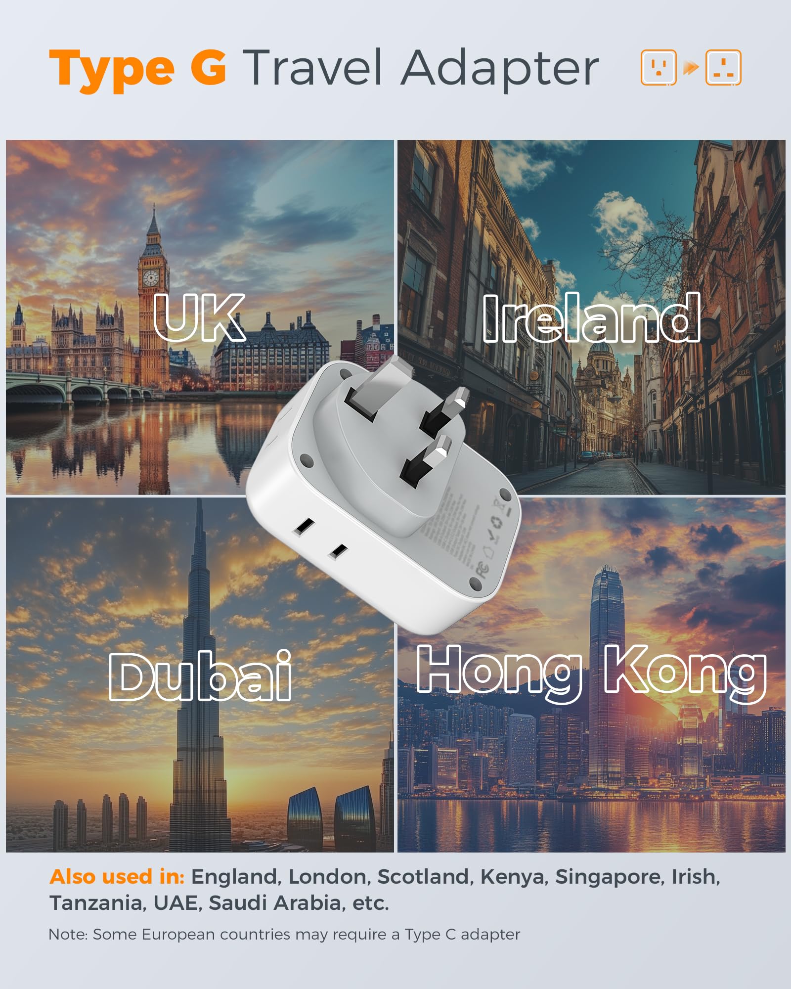 TESSAN compact UK travel adapter design fits easily into luggage and hotel desks.