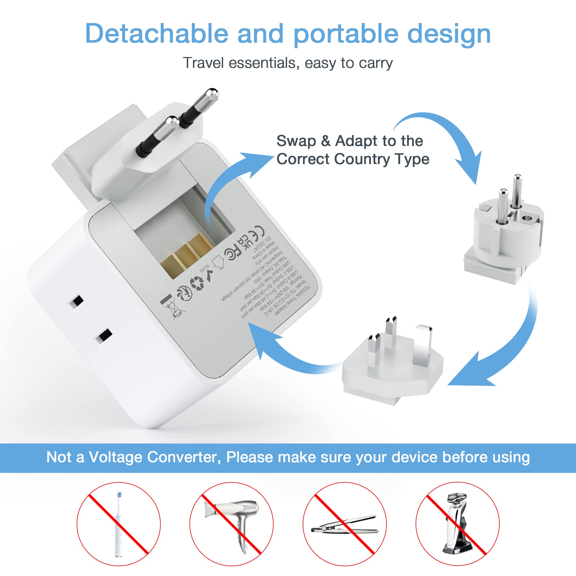 Compact, lightweight travel plug adapter by TESSAN for easy packing.