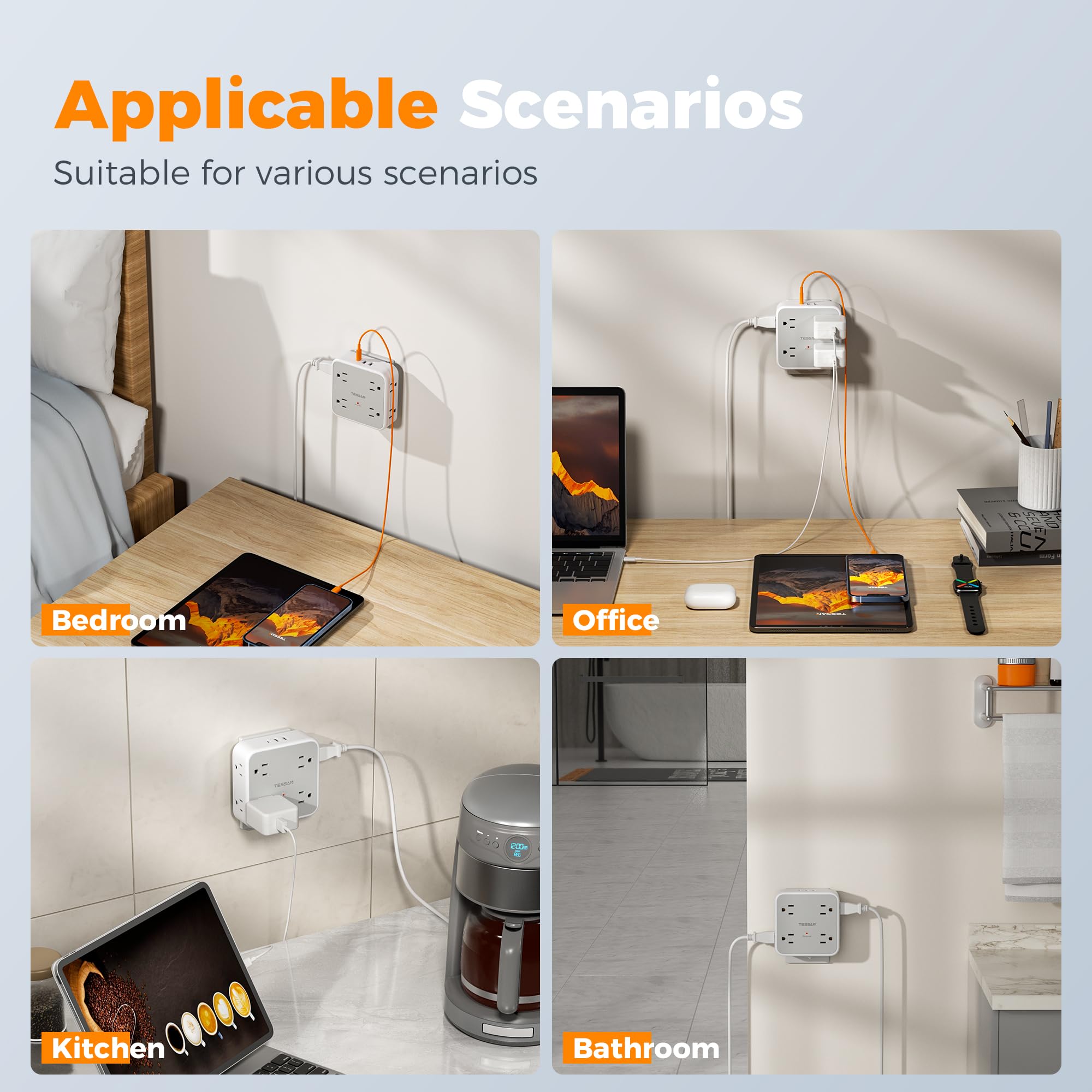 TESSAN compact wall plug adapter suitable for home, office, and kitchen use.