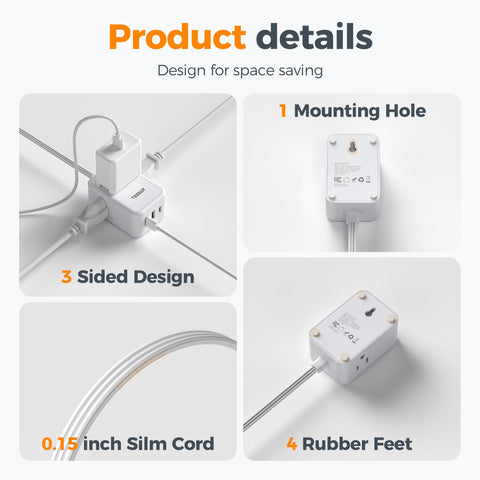 TESSAN power strip suitable for cruise, dorm, and home office use with clean white finish
