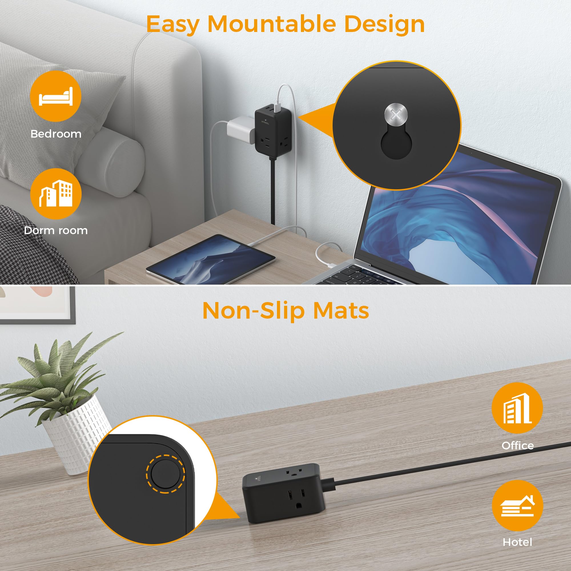 TESSAN dorm-ready slim power strip helping organize a shared desk