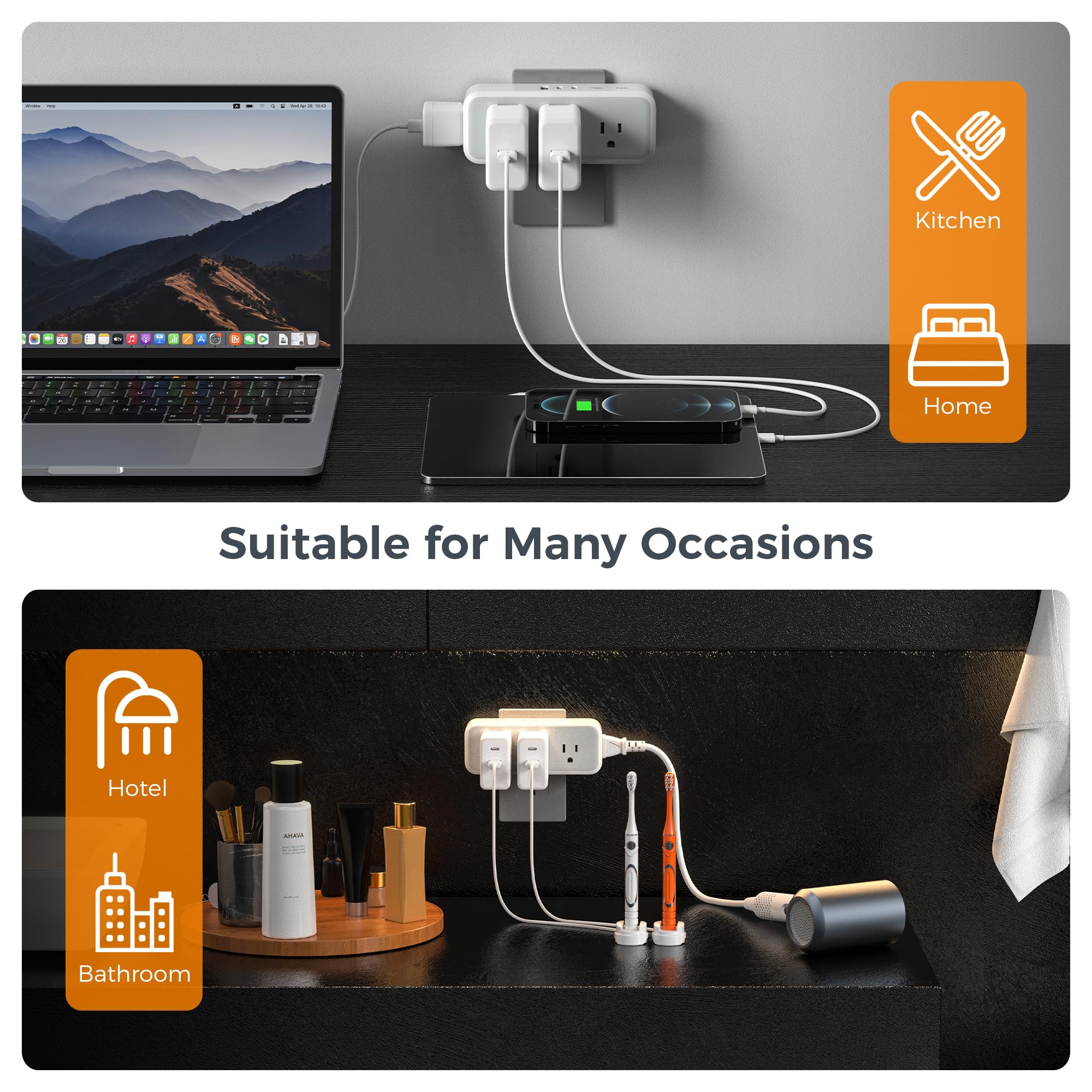 TESSAN compact power hub powers laptop, phone, and tablet from one wall outlet