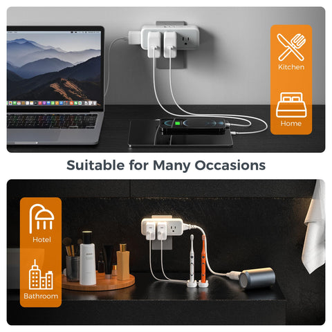TESSAN compact power hub powers laptop, phone, and tablet from one wall outlet